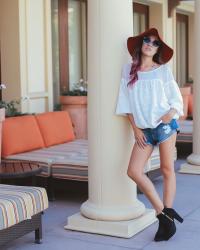 Blousey Top & Distressed Denim Shorts