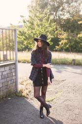 Outfit: wide brim hat, plaid shirt layering