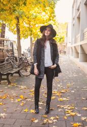 Outfit: Lace up blouse, shaggy faux fur vest