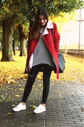 new red jacket, jeans and sneakers