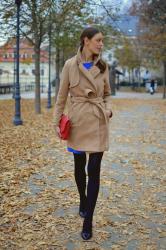 camel coat with royal blue dress