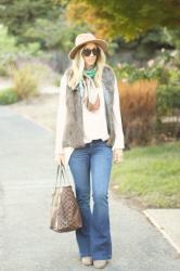 silk scarf + faux fur vest