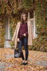 Camel Coat, Burgundy Knit and Loafers