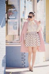Pink Coat, Bow Tie Blouse & Polka Dot Skirt