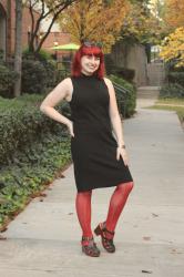 Outfit: Black Ribbed Mock Turtleneck Dress and Rust Orange Tights