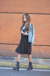black midi skirt + white blouse