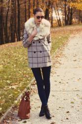 plaid coat with faux fur collar