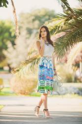 CORRECT PALETTE: PRINTED MIDI SKIRT & TROPICAL NECKLACE