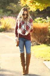burgundy sweater + over the knee boots