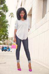 Oversize V-Neck Knit + Dark Rinse Jeans