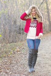 Faux Fur Red Coat + Holiday Fair Isle Sweater