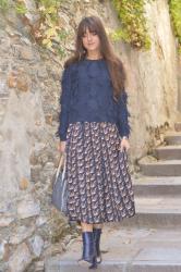 Monshowroom Mini Haul :Navy fringed Sweater and Cat Midi Skirt ♥ Mini haul Monshowroom: pull frangé et jupe chats bleus marine