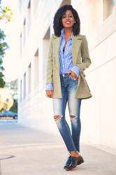 Military Peacoat + Striped Shirt + Distressed Cropped Jeans