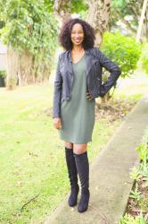 Olive Green Dress and Black Moto Jacket