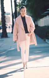 Pink Fluffy Coat & White Jeans