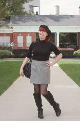 Outfit: Houndstooth Mini Skirt, Black Turtleneck, Dotted Tights, and a Wool Beret