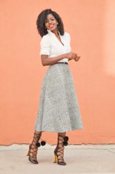 Fitted White Shirt + Swing Midi Skirt