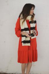 Vintage Dress & J.Crew Fur Striped Cable Knit Scarf