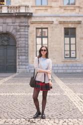 Outfit: plaid mini skirt, patent brogues