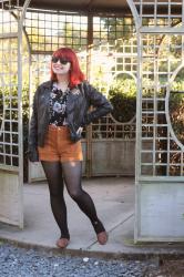 Outfit: Brown Corduroy Shorts, Floral Top, Black Leather Jacket, and Pointed Flats