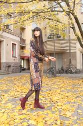 Patchwork dress & Burgundy Suede Boots