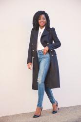 Structured Military Coat + Button-Down Shirt + High Waist Jeans