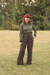 Work Outfit: Wide Legged Floral Trousers with an Army Green Button Down