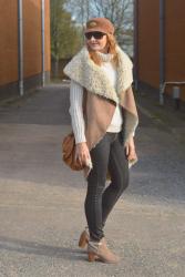 Oversized Shearling and Suede Gilet With a Vintage 60s Hat