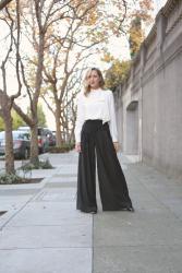 Pinstripe Wideleg Trousers, Tie Neck Blouse