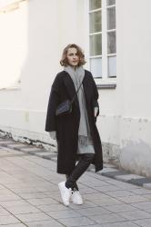 Oversize coat and Adidas Superstar sneakers