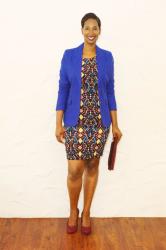 Blue Blazer and Printed Body Con Dress