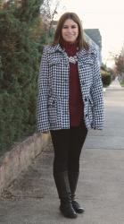 Burgundy Cable Knit Sweater + Houndstooth Coat