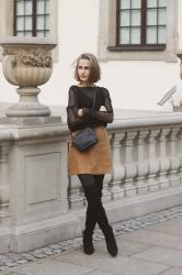 Sheer blouse and suede skirt