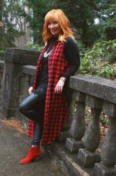 Plaid Duster & Faux Leather Leggings: Weather Musings
