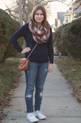 Navy Sweater + Plaid Scarf