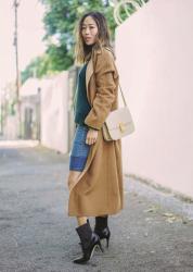 Camel Coat and Denim Skirt