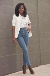 White Blazer + White Boyfriend Button Down + High Waist Jeans