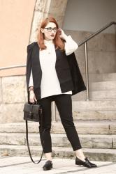 Office Look mit Cape Blazer und weißem Jumper