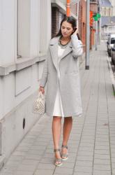 Grey coat/White dress