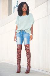 Chunky Knit + Vintage Wash Jeans + OTK Boots