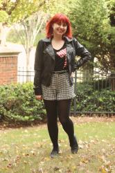 Outfit: Houndstooth Shorts, Glitter Back Seam Tights, and a Bow Print Shirt