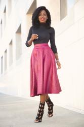 Mock Neck Top + Quilted Swing Midi Skirt