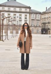 flared jeans + turtleneck sweater