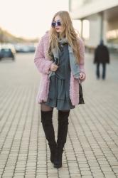 GREY DRESS & PINK COAT