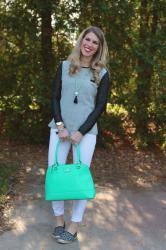 Thursday Fashion Files Link Up | Leather Sleeve Sweater & White Jeans