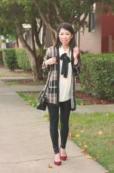 Bow Blouse, Plaid Cardigan + Wine Colored Pumps (Each Under $20)