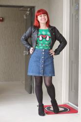 Outfit: Tacky Green Penguin Sweater, Black Leather Jacket, and a Denim Button Down Skirt