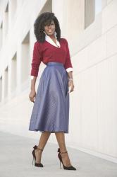 V-Neck Sweater + Button Down + Swing Midi Skirt