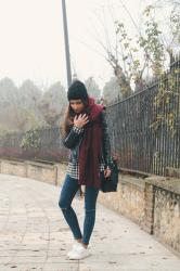 Plaid shirt, big scarf, jeans & sneakers