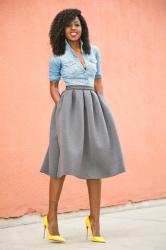 Fitted Denim Shirt + Full Pleated Skirt